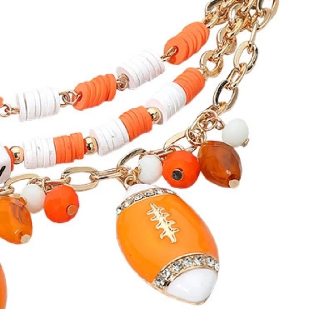 Orange White GAME DAY Football Dangle Charms Heishi Beaded Layered Purse Chain